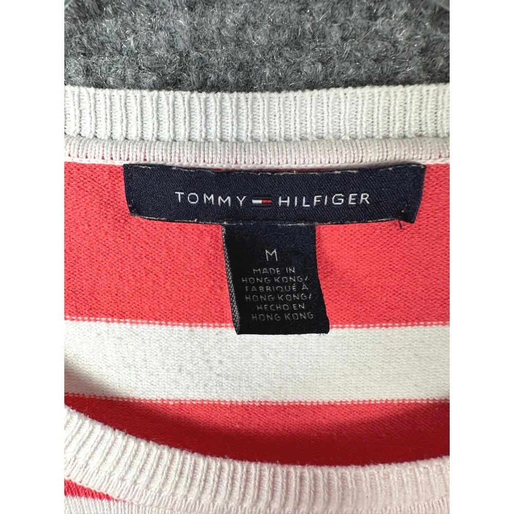 Tommy Hilfiger Womens Striped Sweater Size M Coral White Preppy Coastal Vintage